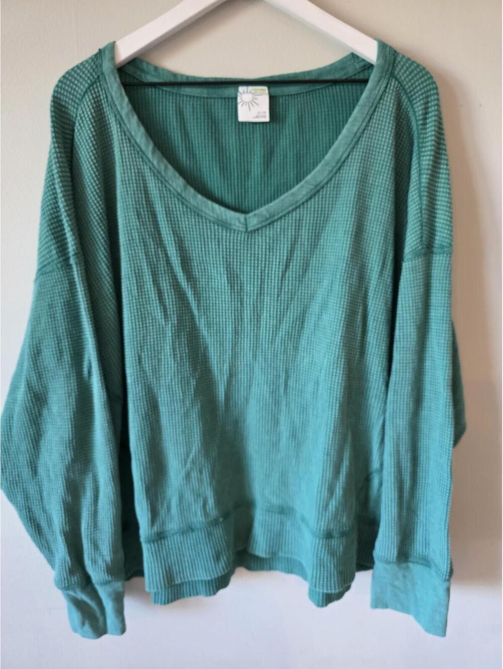 Aerie OFFLINE Waffle Knit Oversized V-Neck Sweater - Teal Green - Size XL